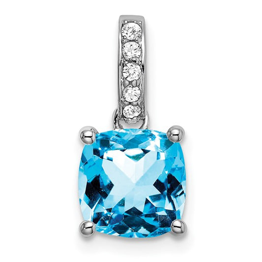 14K White Gold 3 Carat Square Blue Topaz With Diamond Leader Pendant
