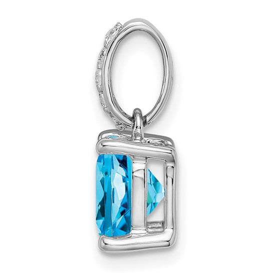 14K White Gold 3 Carat Square Blue Topaz With Diamond Leader Pendant