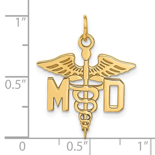 14K Yellow Gold MD Medical Doctor Winged Caduceus Pendant