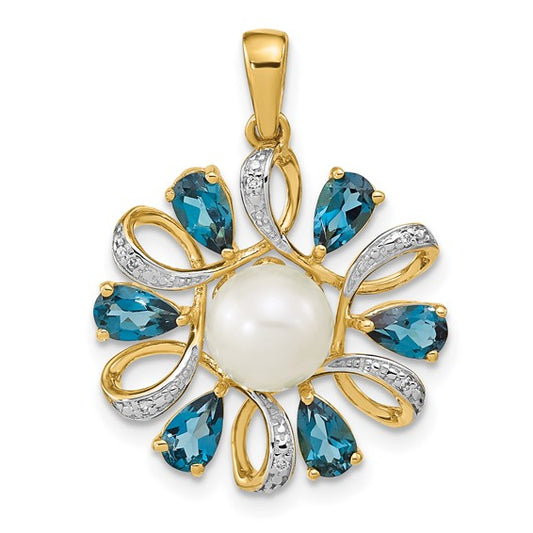 14K Two Tone Gold Freshwater Pearl Blue Topaz Pendant