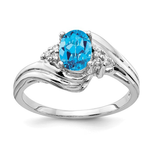 14K White Gold Oval 1 Carat Blue Topaz With Diamond Swirl Ring
