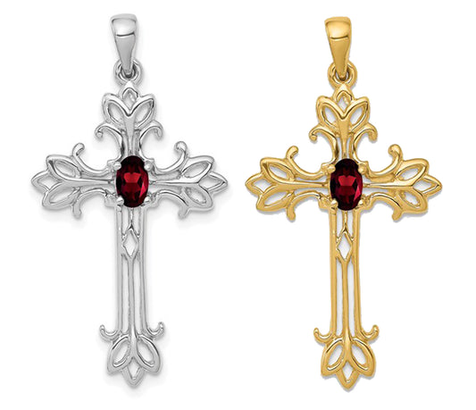 14K Yellow/White Gold Natural Garnet Cross Pendant