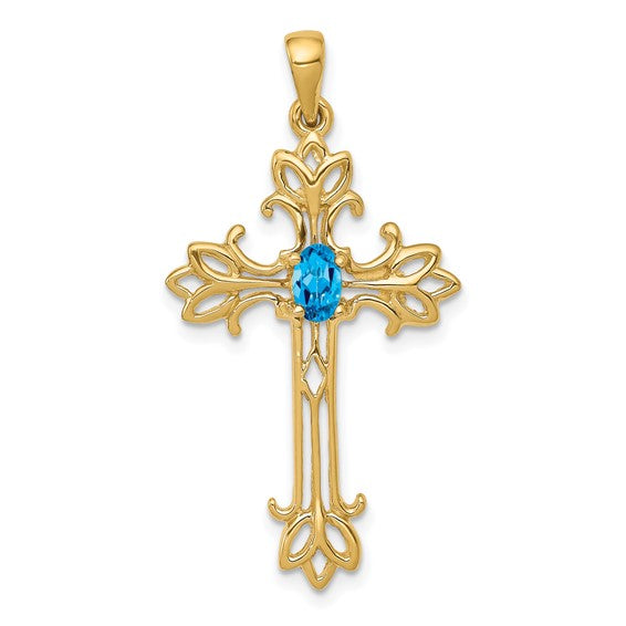 14K White/Yellow Gold Blue Topaz Cross Pendant