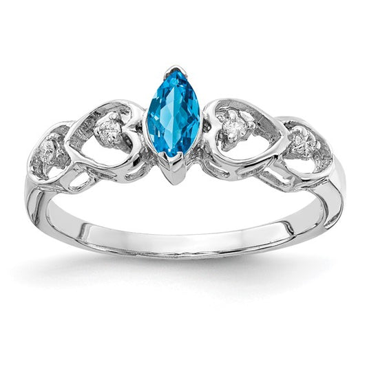 14K White Gold Heart Cut Out Marquis Cut Blue Topaz & Diamond Ring