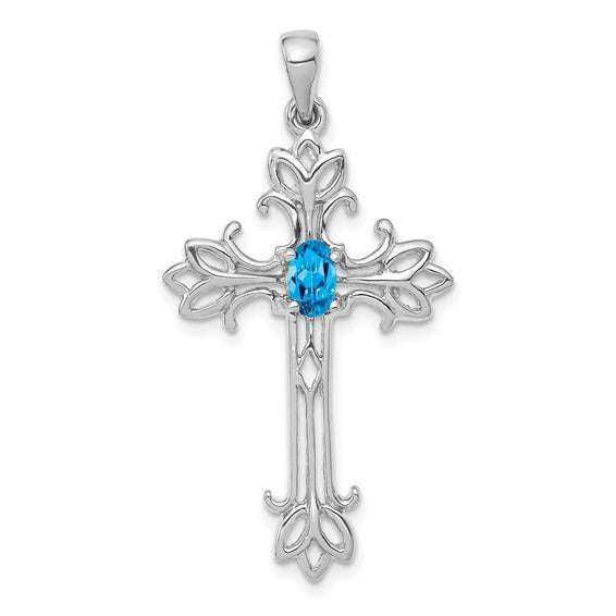 14K White/Yellow Gold Blue Topaz Cross Pendant