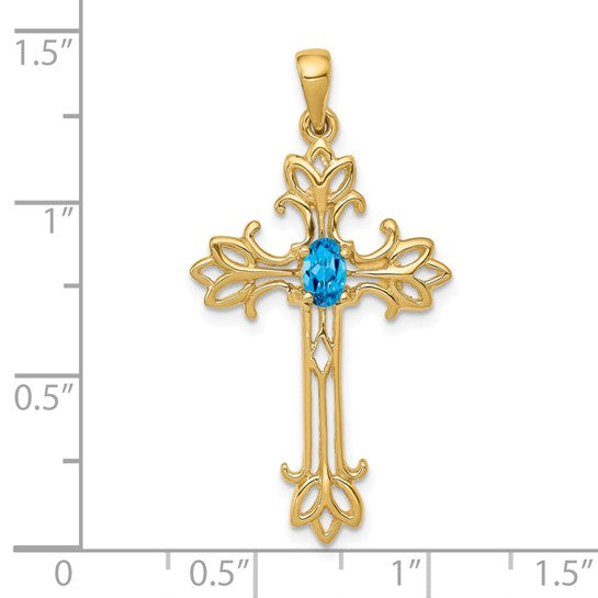 14K White/Yellow Gold Blue Topaz Cross Pendant