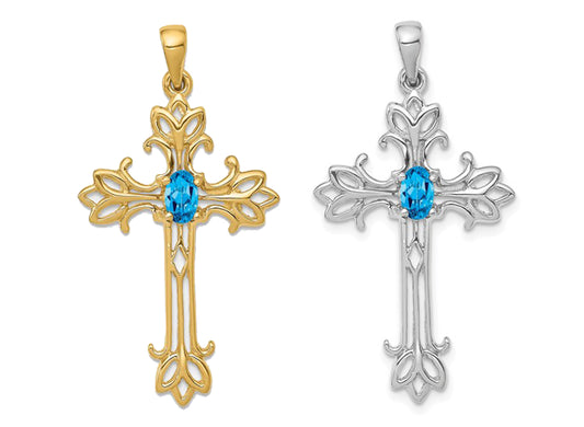 14K White/Yellow Gold Blue Topaz Cross Pendant