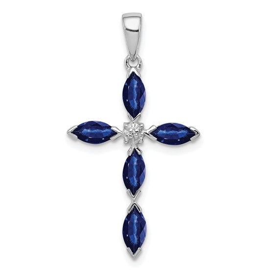 Sterling Silver Natural Marquise Sapphire & Diamond  Cross Pendant