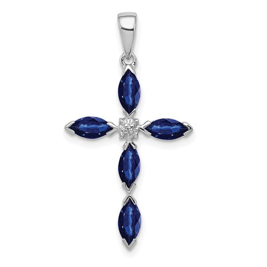 Sterling Silver Natural Marquise Sapphire & Diamond  Cross Pendant