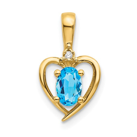 14K White/Yellow Gold Heart With Blue Topaz Natural Stone Pendant