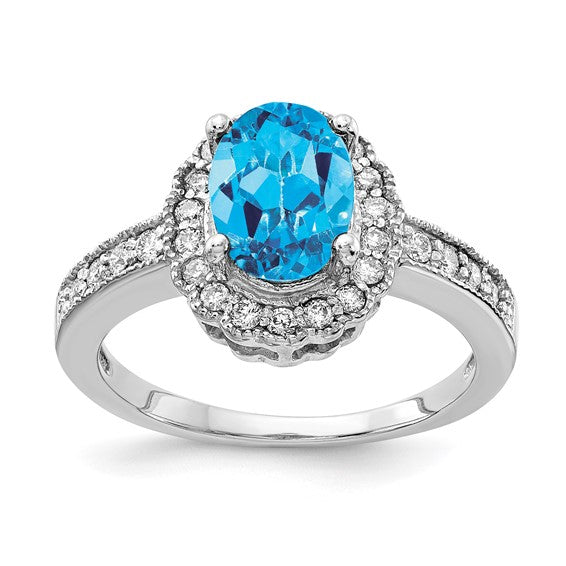 14K White Gold 3 Carat Blue Topaz Halo Diamond Pave Ring