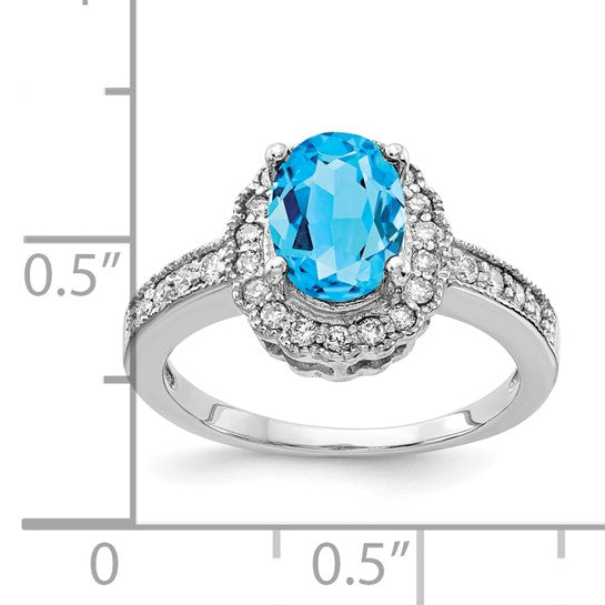 14K White Gold 3 Carat Blue Topaz Halo Diamond Pave Ring