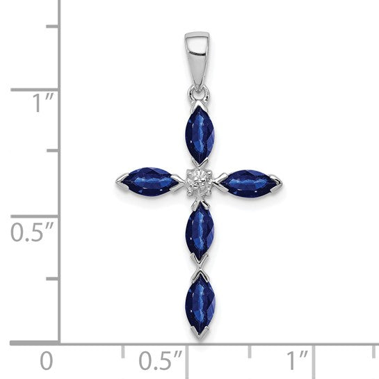 Sterling Silver Natural Marquise Sapphire & Diamond  Cross Pendant