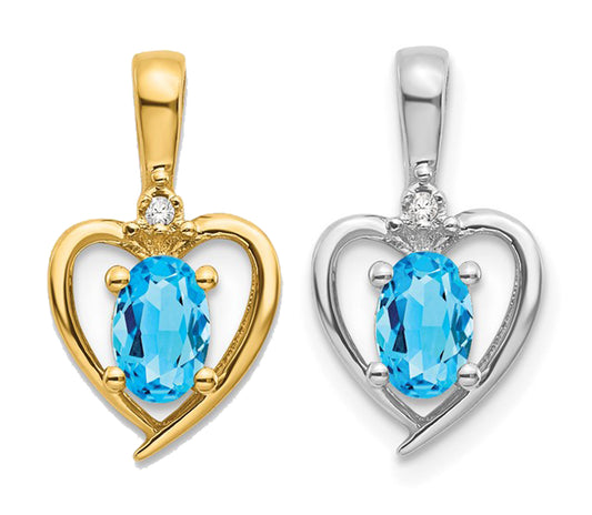14K White/Yellow Gold Heart With Blue Topaz Natural Stone Pendant