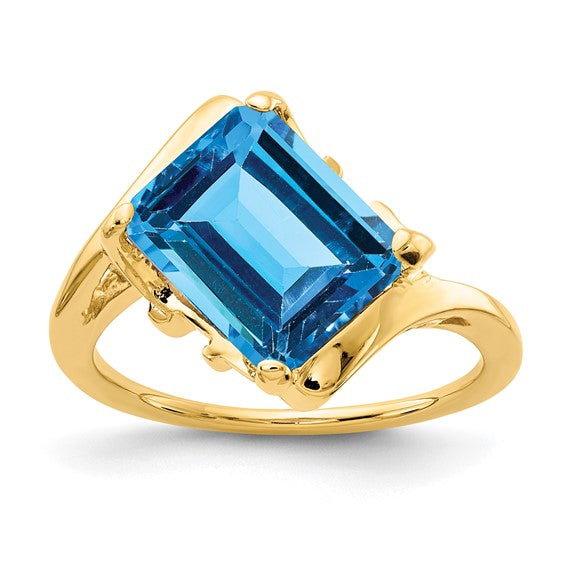 14K Yellow Gold 4 Carat Off Set Emerald Cut Blue Topaz Ring