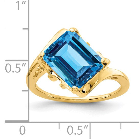 14K Yellow Gold 4 Carat Off Set Emerald Cut Blue Topaz Ring