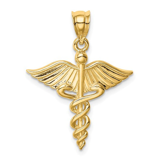 14K Yellow Gold 3D Medical Caduceus Pendant
