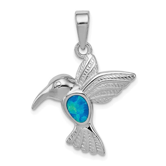 Sterling Silver White Gold Plated Lab Created Blue Opal Hummingbird Inlay Pendant