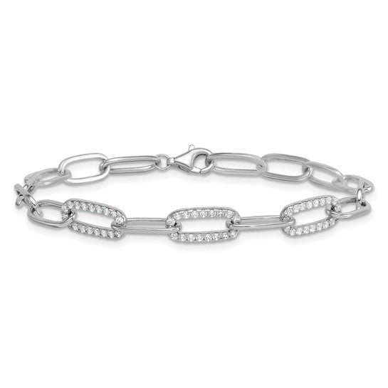 White Gold Filled Sterling Silver CZ Pave Style Paperclip Bracelet