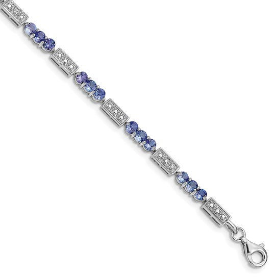 White Gold Filled Sterling Silver Natural Tanzanite & Diamond Bar Bracelet