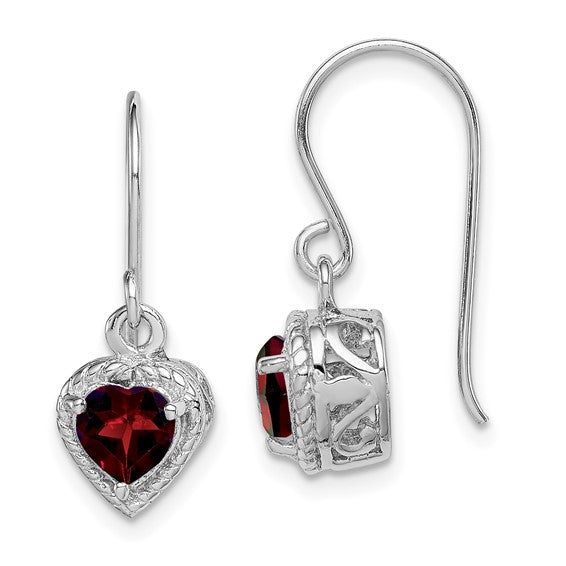 Sterling Silver Rhodium Plated Bezel Heart Natural Garnet Hook Earrings