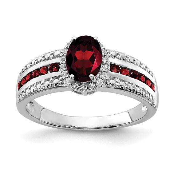 Sterling Silver Rhodium Plated Natural Garnet & White Topaz Center Pave Ring