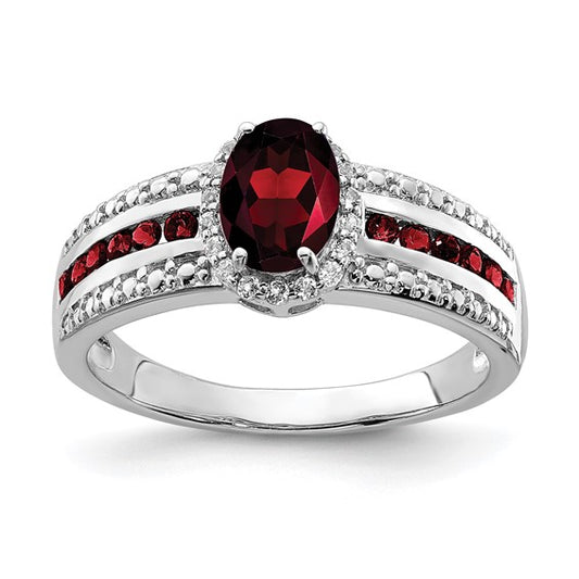 Sterling Silver Rhodium Plated Natural Garnet & White Topaz Center Pave Ring