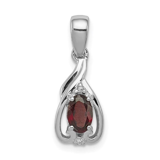 Sterling Silver White Gold Filled Oval Natural Garnet & Diamond Pendant