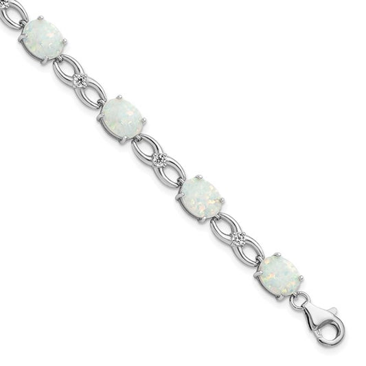 Sterling Silver White Gold Plated Ribbon Lab Created Opal Bracelet