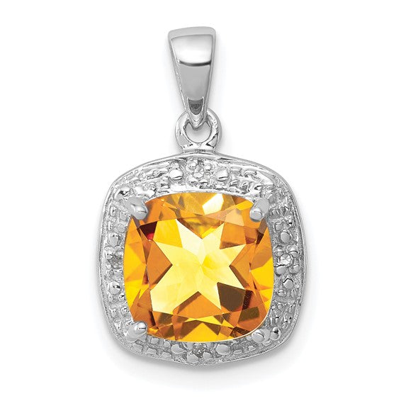 Sterling Silver White Gold Plated Natural Citrine & Diamond Halo Square Pendant
