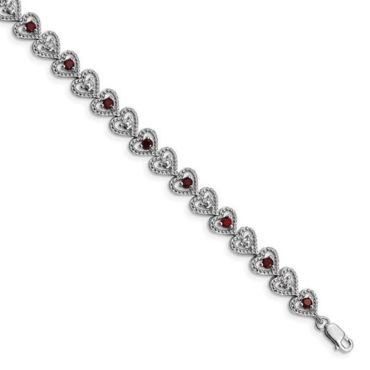 Sterling Silver Natural Garnet & Diamond Heart Bracelet