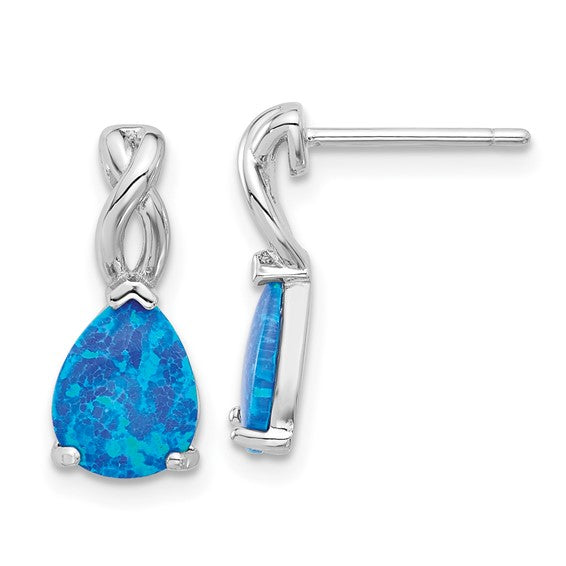 Sterling Silver White Gold Plated Tear Drop Earrings Lab Created Blue Opal