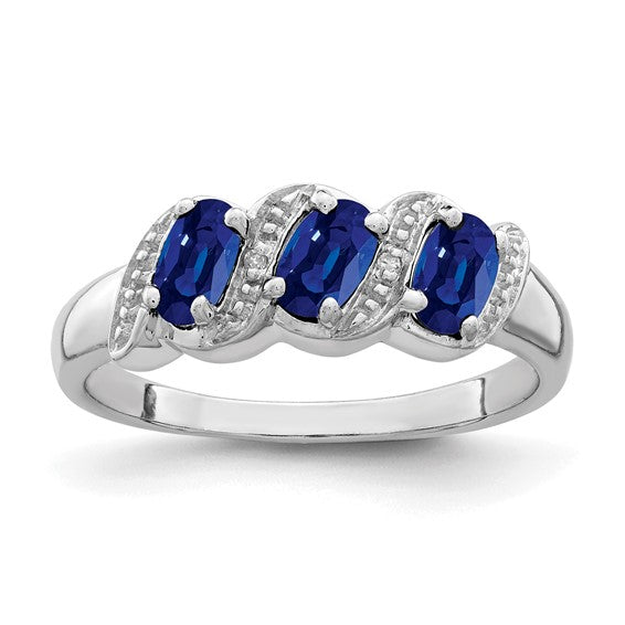 Sterling Silver Natural Sapphire & Diamond 3 Stone Halo Ring