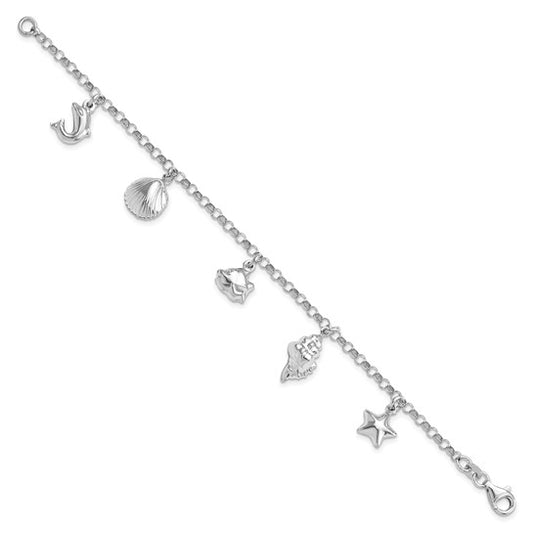 Sterling Silver Sea Life Charm White Gold Plated Handmade Bracelet