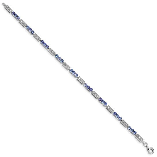 White Gold Filled Sterling Silver Natural Tanzanite & Diamond Bar Bracelet