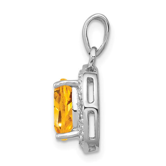 Sterling Silver White Gold Plated Natural Citrine & Diamond Halo Square Pendant