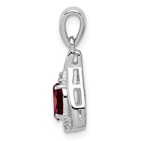 Sterling Silver White Gold Filled Oval Natural Garnet & Diamond Pendant