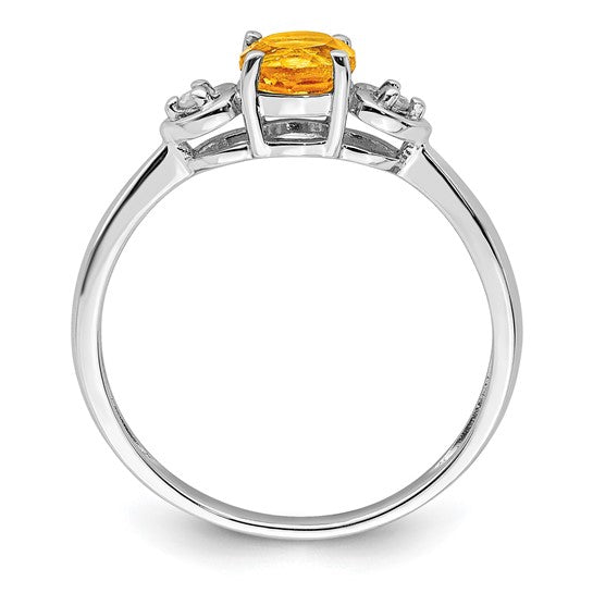 Sterling Silver White Gold Plated Natural Citrine & Diamond Solitaire & Heart Ring