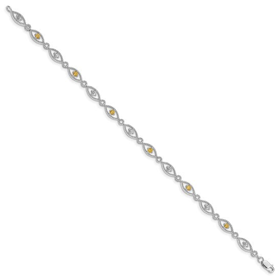 White Gold Plated Sterling Silver Natural Citrine & Diamond Bracelet