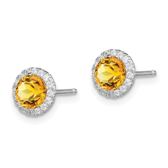 Sterling Silver White Gold Plated Natural Citrine With CZ Halo Earrings