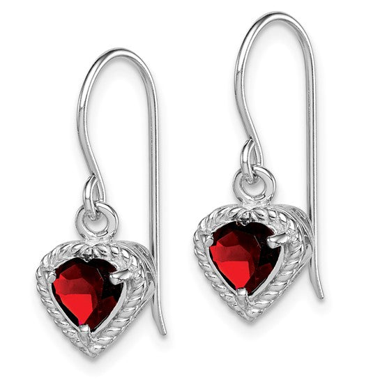 Sterling Silver Rhodium Plated Bezel Heart Natural Garnet Hook Earrings