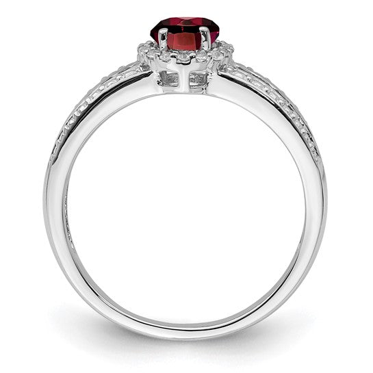 Sterling Silver Rhodium Plated Natural Garnet & White Topaz Center Pave Ring