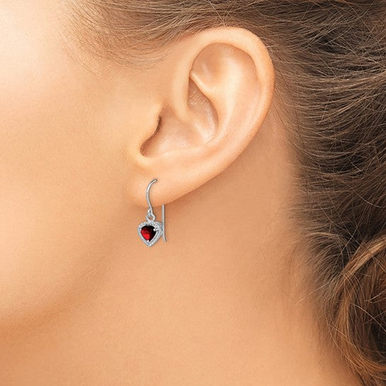 Sterling Silver Rhodium Plated Bezel Heart Natural Garnet Hook Earrings