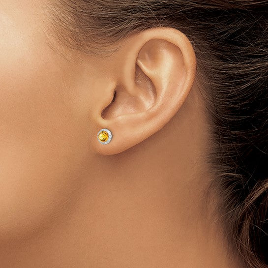 Sterling Silver White Gold Plated Natural Citrine With CZ Halo Earrings