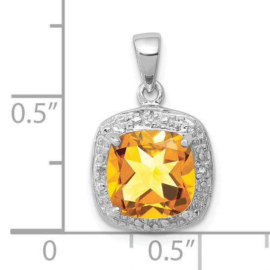 Sterling Silver White Gold Plated Natural Citrine & Diamond Halo Square Pendant