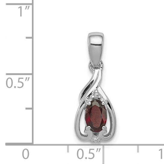 Sterling Silver White Gold Filled Oval Natural Garnet & Diamond Pendant