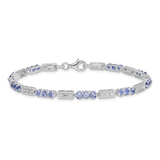White Gold Filled Sterling Silver Natural Tanzanite & Diamond Bar Bracelet