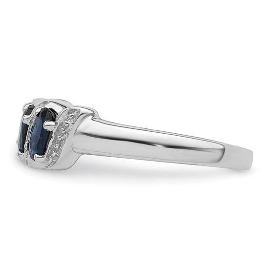 Sterling Silver Natural Sapphire & Diamond 3 Stone Halo Ring