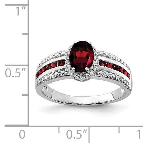 Sterling Silver Rhodium Plated Natural Garnet & White Topaz Center Pave Ring