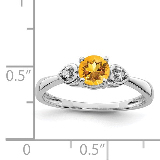 Sterling Silver White Gold Plated Natural Citrine & Diamond Solitaire & Heart Ring